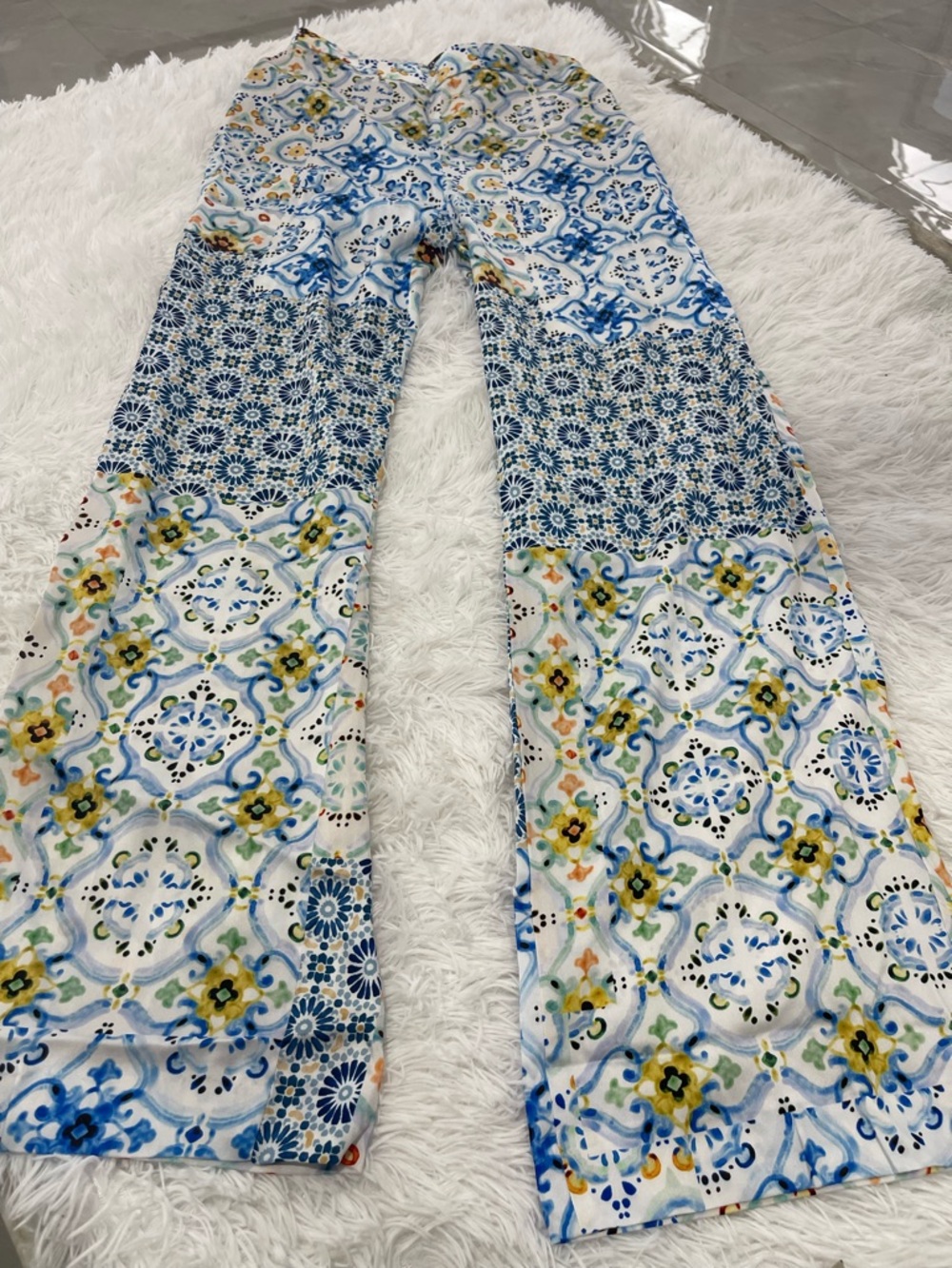 Zara Blue, White & Yellow Patterned Wide-Leg Pants